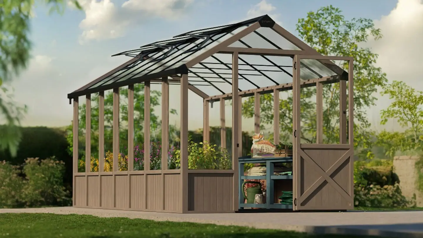 Greenhouse with cedar wood framing