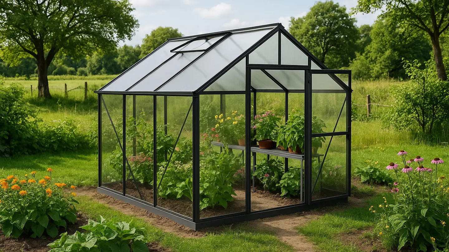 Cheap and affordable greenhouse in a rural garden setting