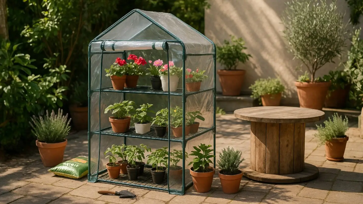 Small portable greenhouse in a garden