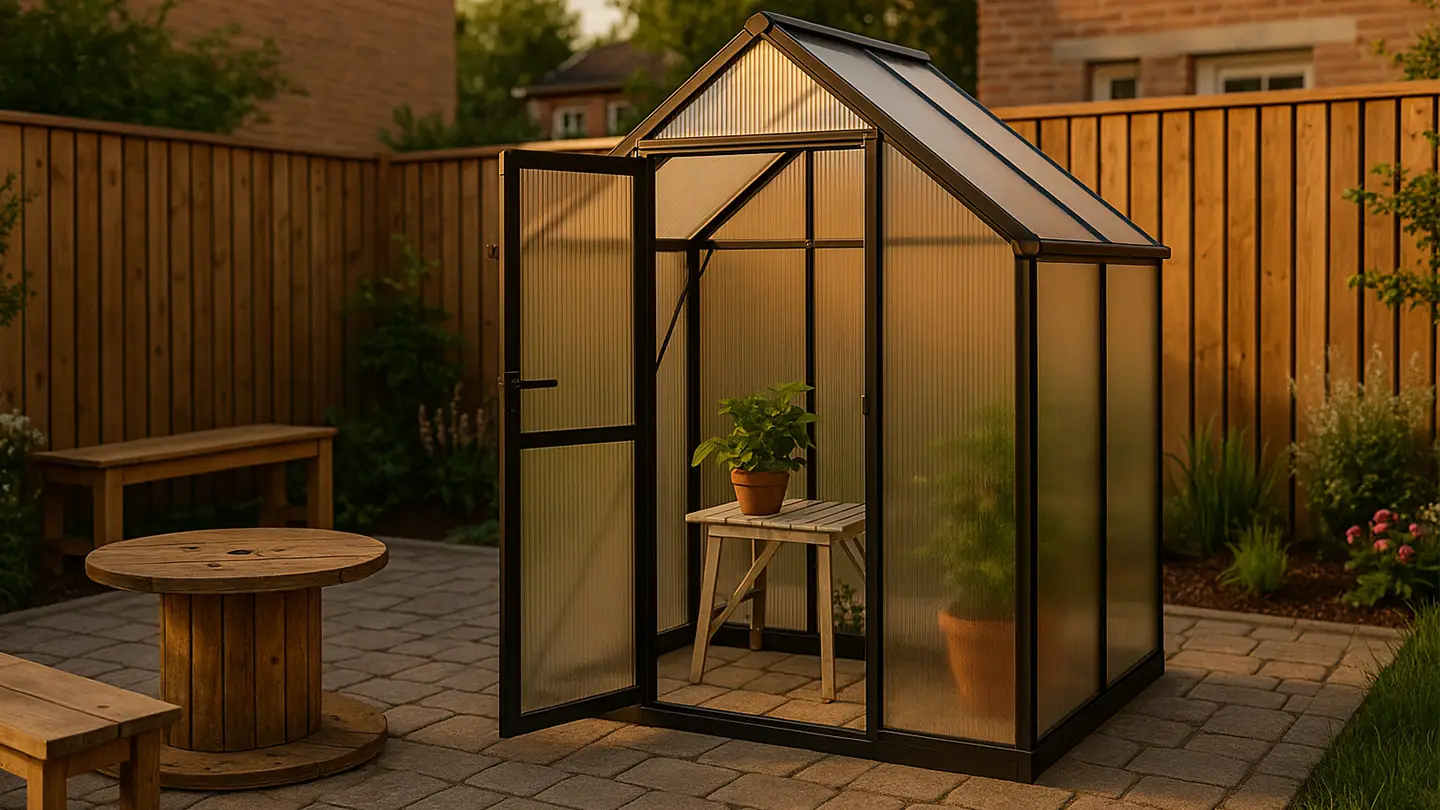 Small walk-in greenhouse in black aluminum placed in a urban garden setting