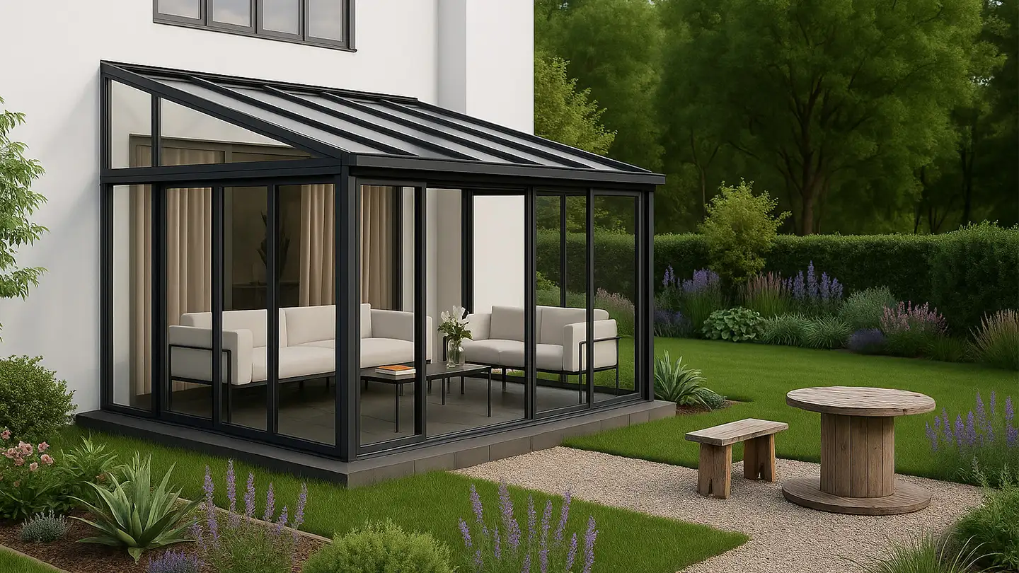 Modern glass conservatory attached to a white house, surrounded by a lush garden with flowering plants, gravel paths, and rustic wooden furniture in a tranquil backyard setting