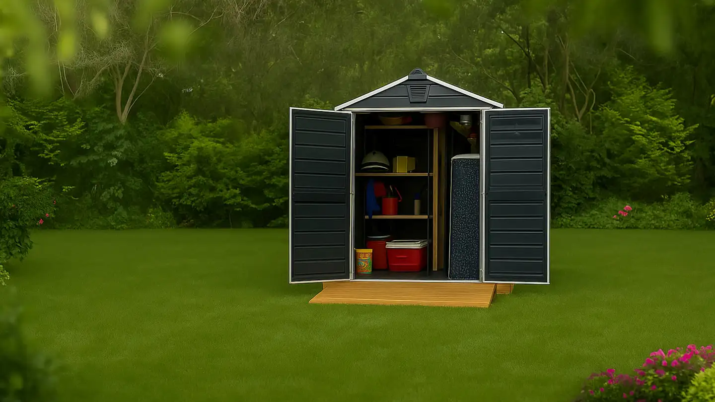 Dark gray garden storage shed with open double doors, revealing organized tools and supplies inside, set on a wooden platform in a well-maintained garden surrounded by lush greenery and blooming flowers.