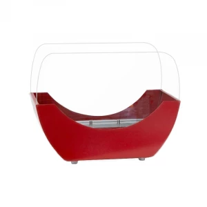 Red cradle shaped fireplace with glass panels