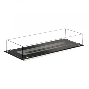 Foco Free 1000 – a sleek, 4-sided bioethanol fireplace with tempered glass panels and customisable burner options.