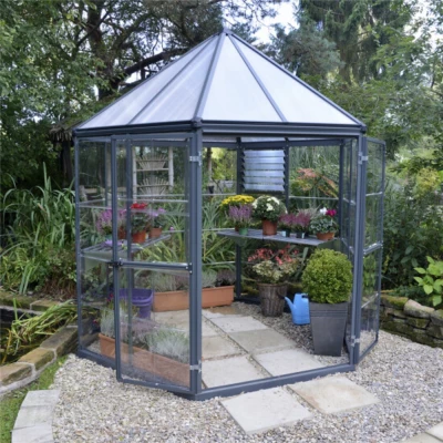 Canopia Oasis 8 ft. hexagonal greenhouse with polycarbonate roof and clear walls, shown on white background