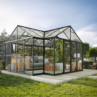 Triomphe 13×15 ft. Greenhouse by Canopia with black frame and clear acrylic walls
