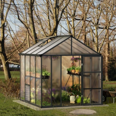 Greenhouse Kit with grey structure and multiwall panels, offering a durable and easy-to-assemble solution for creating the perfe