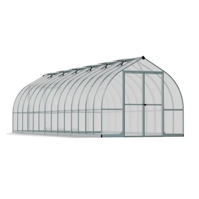Bella 8×28 ft. greenhouse by Canopia with silver frame and twin-wall polycarbonate panels