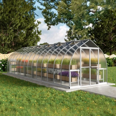 Bella 8×28 ft. greenhouse by Canopia with silver frame and twin-wall polycarbonate panels