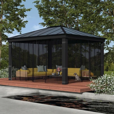 Dark grey mesh netting set installed on Canopia Dallas 4300 gazebo