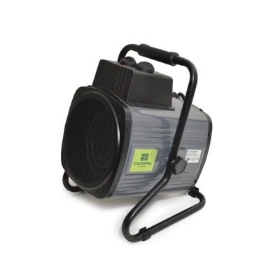 Portable 2400W greenhouse fan heater with digital thermostat by Canopia, shown with temperature controller and splash-resistant 