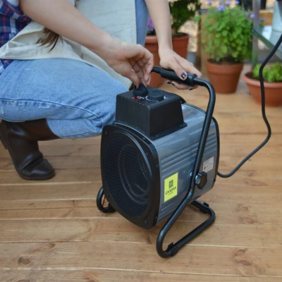 Portable 2400W greenhouse fan heater with digital thermostat by Canopia, shown with temperature controller and splash-resistant 