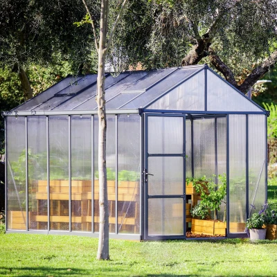 Canopia Glory 8×12 ft. greenhouse with grey aluminium frame and twin-wall polycarbonate panels, shown on white background