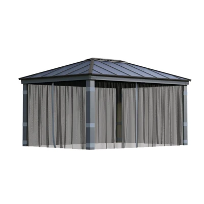 Mesh netting installed on Canopia Dallas 14×16 ft. gazebo in garden