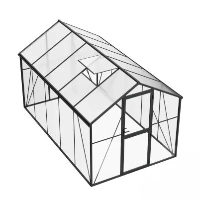 Nordgro Greenhouse Premium Black 382 cm on white background – glass walls, polycarbonate roof, 8.7 m²