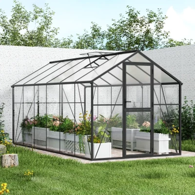 Nordgro Greenhouse Premium Black 457 cm on white background – glass walls and polycarbonate roof, 10.4 m²
