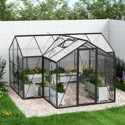 Nordgro T-Shaped Greenhouse Premium Black on white background – 14.6 m² with glass walls and polycarbonate roof