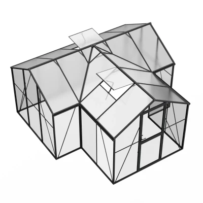 Nordgro T-Shaped Greenhouse Premium Black on white background – 14.6 m² with glass walls and polycarbonate roof