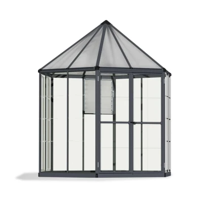 Canopia Oasis 8 ft. Greenhouse – Elegant 5.2 m² Garden Retreat Canopia Oasis 8 ft. hexagonal greenhouse with polycarbonate roof and clear walls, shown on white background