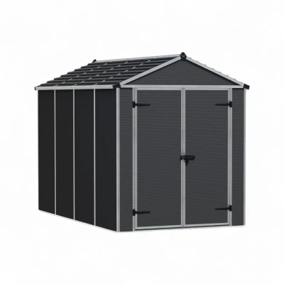 Canopia Rubicon Shed 185 × 304 cm (6 × 10 ft) on white background – dark grey panels, skylight roof, aluminium frame