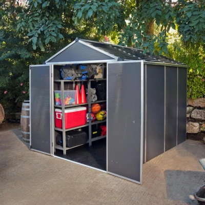 Canopia Rubicon Shed 185 × 304 cm (6 × 10 ft) on white background – dark grey panels, skylight roof, aluminium frame