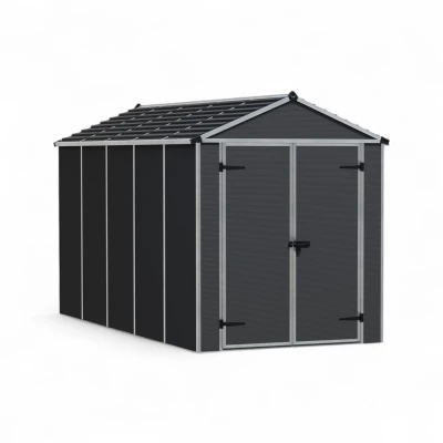 Canopia Rubicon Shed 185 × 378.5 cm (6 × 12 ft) on white background – dark grey panels, skylight roof, aluminium frame