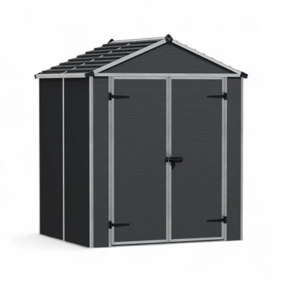 Canopia Rubicon Shed 185 × 154 cm (6 × 5 ft) on white background – dark grey panels, skylight roof, aluminium frame