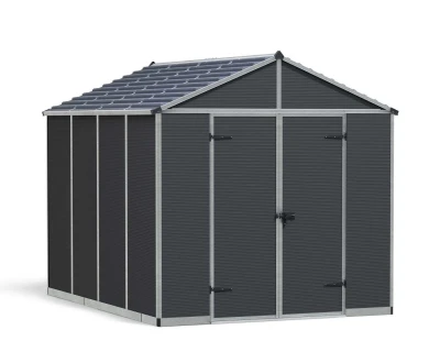 Canopia Rubicon Shed 237 × 303 cm (8 × 10 ft) on white background – dark grey polycarbonate panels, skylight roof, aluminium fra