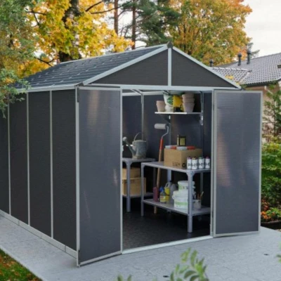 Canopia Rubicon Shed 237 × 303 cm (8 × 10 ft) on white background – dark grey polycarbonate panels, skylight roof, aluminium fra