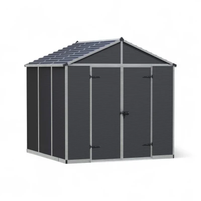 Canopia Rubicon Shed 237 × 229 cm (8 × 8 ft) on white background – dark grey polycarbonate walls, skylight roof, aluminium frame