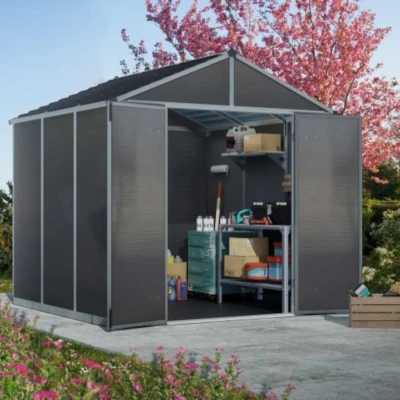 Canopia Rubicon Shed 237 × 229 cm (8 × 8 ft) on white background – dark grey polycarbonate walls, skylight roof, aluminium frame