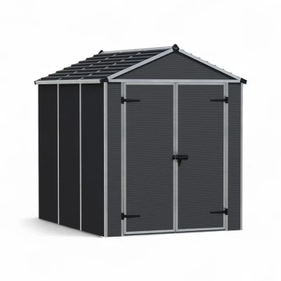 Canopia Rubicon Shed 185 × 229 cm (6 × 8 ft) on white background – dark grey panels, skylight roof, aluminium frame