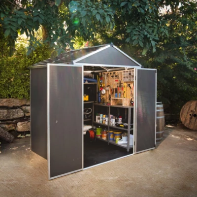 Canopia Rubicon Shed 185 × 154 cm (6 × 5 ft) on white background – dark grey panels, skylight roof, aluminium frame