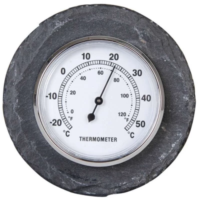 Round outdoor thermometer with slate edge and stainless steel frame – shows both °C and °F
