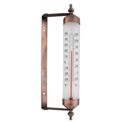 Classic outdoor wall thermometer in copper by Gardenlife Wall-mounted thermometer with copper finish and glass tube – displays °C and °F