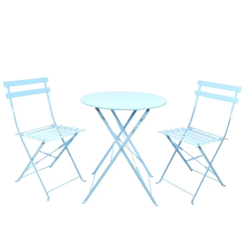 Foldable blue café set – ideal for balcony, patio or greenhouse Blue steel bistro set with round table and two folding chairs