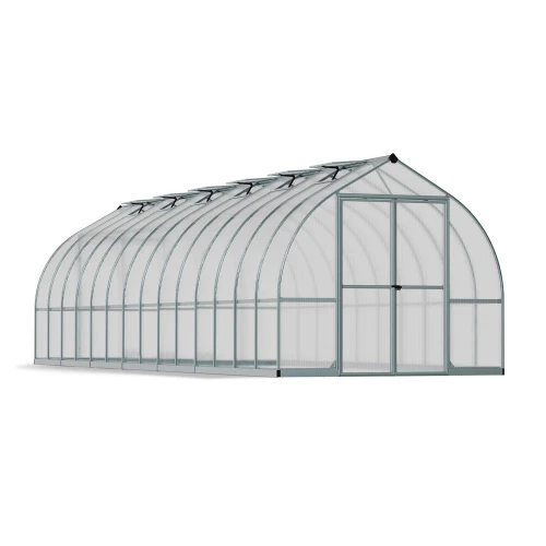 Bella 8×28 ft. greenhouse by Canopia with silver frame and twin-wall polycarbonate panels