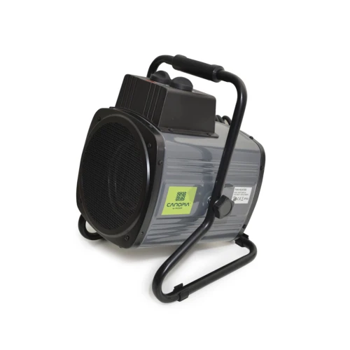 Portable 2400W greenhouse fan heater with digital thermostat by Canopia, shown with temperature controller and splash-resistant 