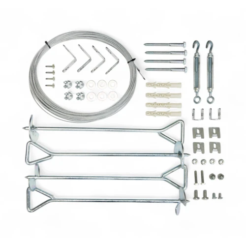Anchoring kit for Canopia greenhouse – metal ground fixings and mounting hardware on white background