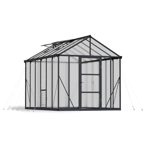 Canopia Glory 8×12 ft. greenhouse with grey aluminium frame and twin-wall polycarbonate panels, shown on white background