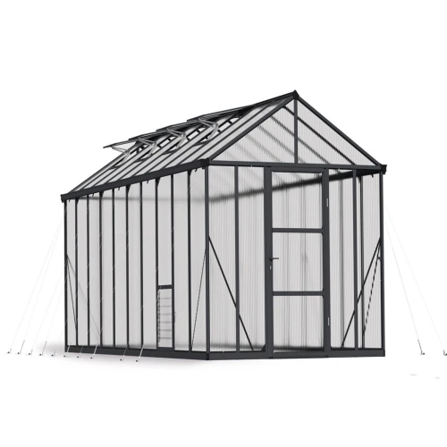 Canopia Glory 8×20 ft greenhouse with grey frame and insulated twin-wall polycarbonate panels, shown on white background