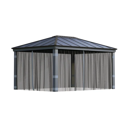 Mesh netting installed on Canopia Dallas 14×16 ft. gazebo in garden