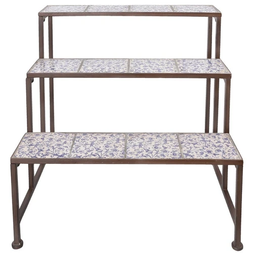 Patinated ceramic étagère with 3 levels and iron frame 3-tier ceramic and iron étagère with patinated finish