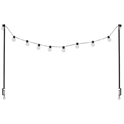 Outdoor string light with hanging stand – black frame and warm bulbs Black string light with poles and bulbs – ideal for balcony or garden