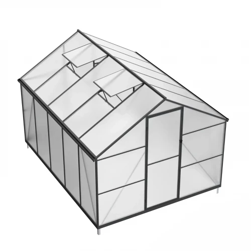 Nordgro Essential Greenhouse 302 cm (9.9 ft) on white background – polycarbonate panels and black aluminium frame