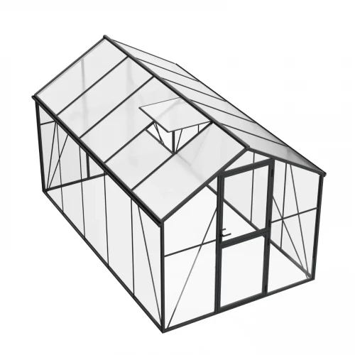 Nordgro Greenhouse Premium Black 382 cm on white background – glass walls, polycarbonate roof, 8.7 m²