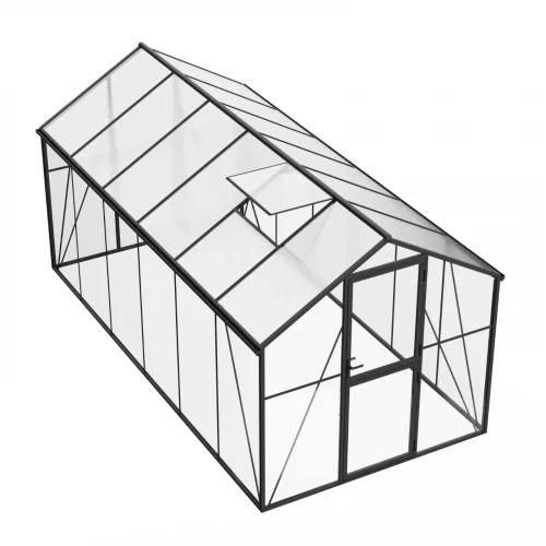 Nordgro Greenhouse Premium Black 457 cm on white background – glass walls and polycarbonate roof, 10.4 m²