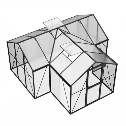 Nordgro T-Shaped Greenhouse Premium Black on white background – 14.6 m² with glass walls and polycarbonate roof