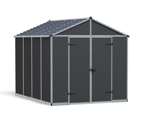 Canopia Rubicon Shed 237 × 303 cm – Garden Storage | Buy here Canopia Rubicon Shed 237 × 303 cm (8 × 10 ft) on white background – dark grey polycarbonate panels, skylight roof, aluminium fra