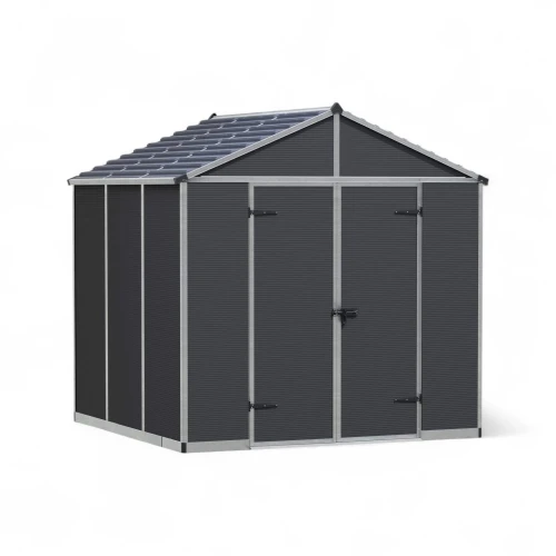 Canopia Rubicon Shed 237 × 229 cm – 5.4 m² Garden Storage with Skylight Canopia Rubicon Shed 237 × 229 cm (8 × 8 ft) on white background – dark grey polycarbonate walls, skylight roof, aluminium frame